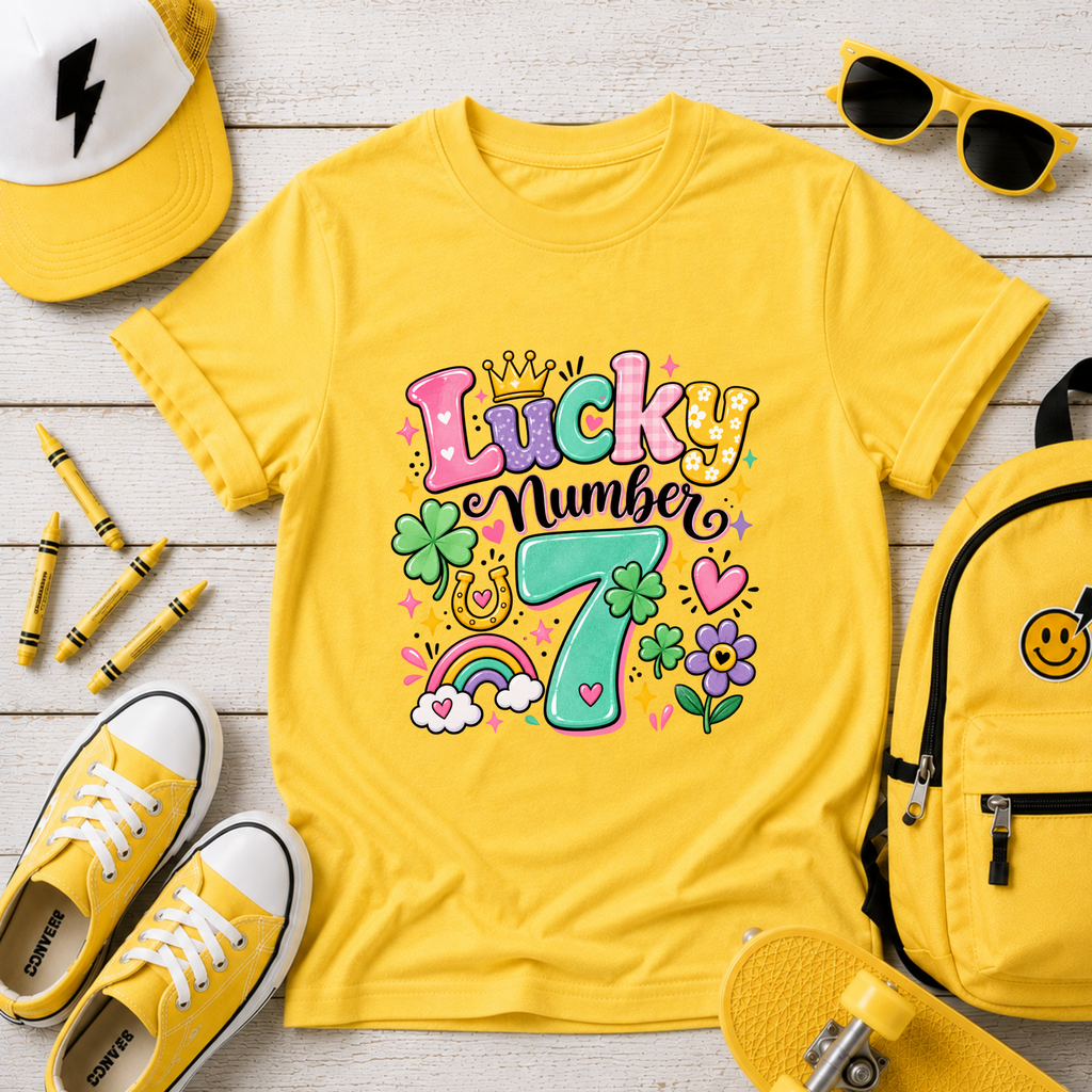 Girls "Lucky Number 7" T-Shirt Cute St. Patrick's Day Rainbow & Clover Tee