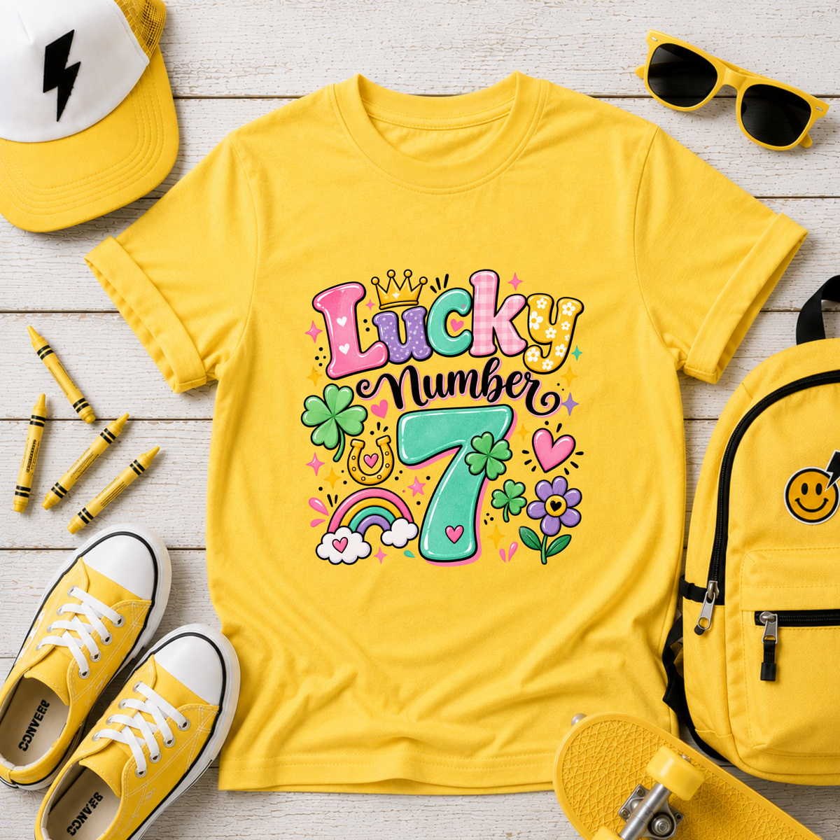 Girls "Lucky Number 7" T-Shirt Cute St. Patrick's Day Rainbow & Clover Tee
