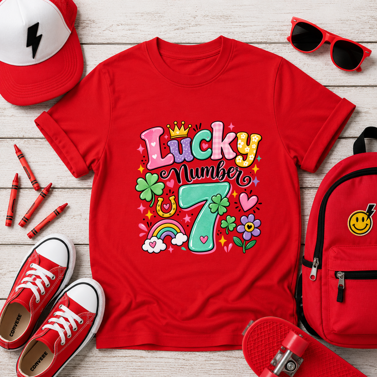 Girls "Lucky Number 7" T-Shirt Cute St. Patrick's Day Rainbow & Clover Tee
