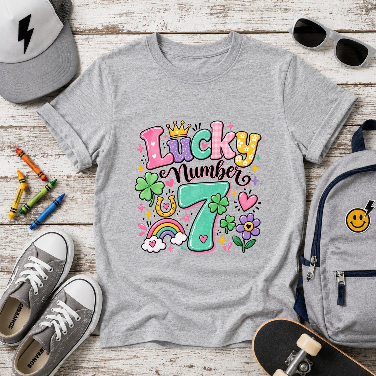 Girls "Lucky Number 7" T-Shirt Cute St. Patrick's Day Rainbow & Clover Tee
