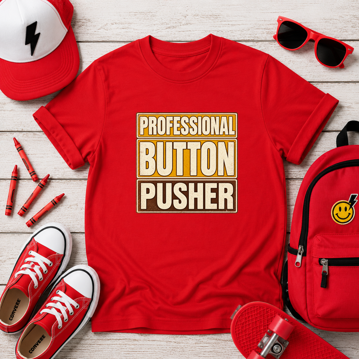Kids Tee "Professional Button Pusher" Funny Retro Graphic