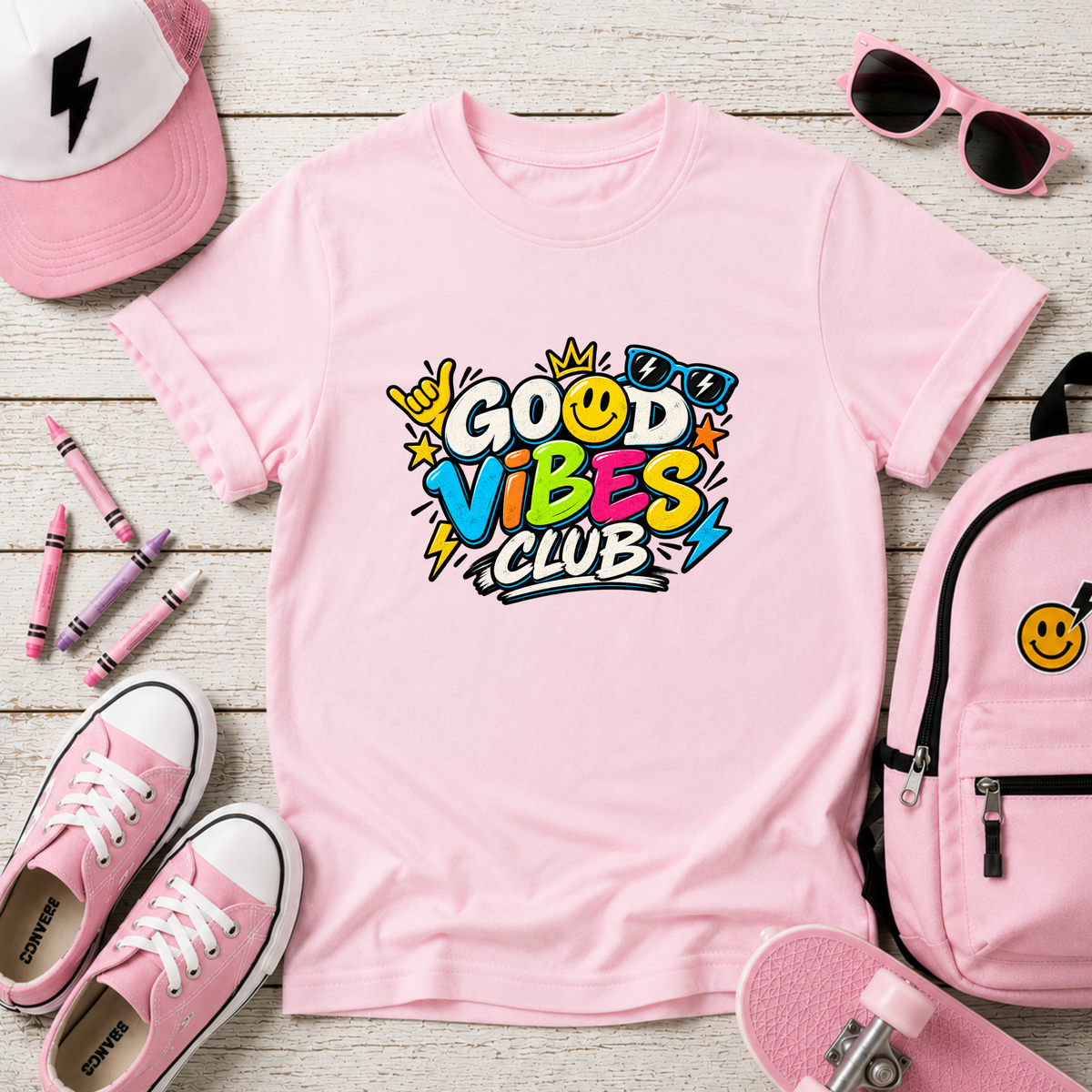 Kids Tee "Good Vibes Club" Cute Bright Graphic T-Shirt