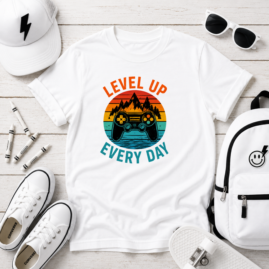 Kids Tee "Level Up Every Day" Retro Gaming Graphic