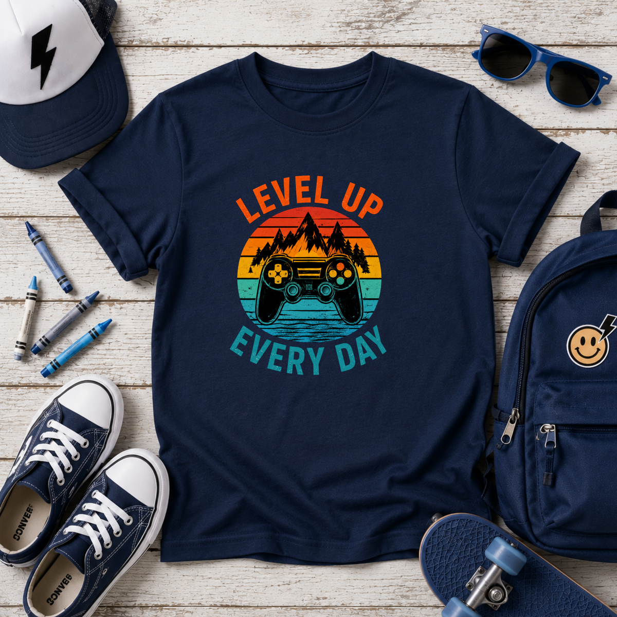 Kids Tee "Level Up Every Day" Retro Gaming Graphic
