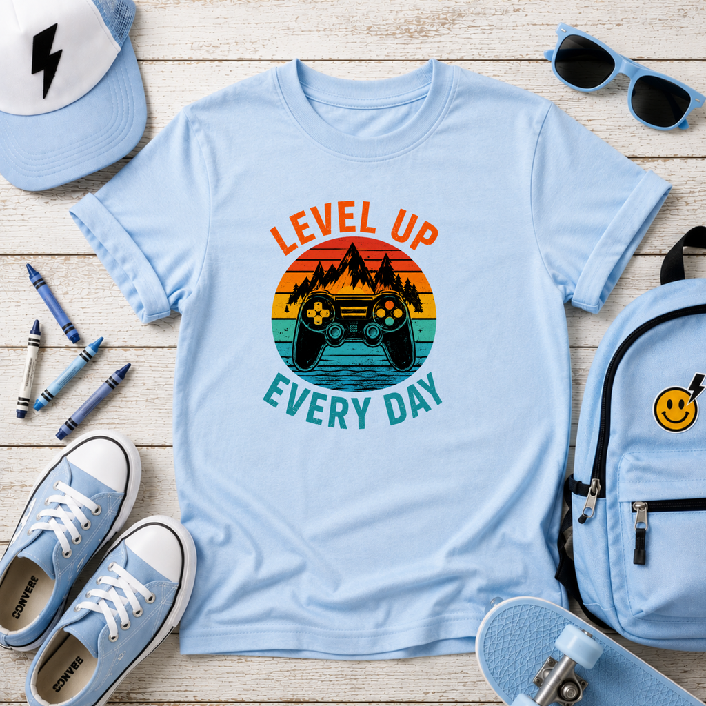 Kids Tee "Level Up Every Day" Retro Gaming Graphic