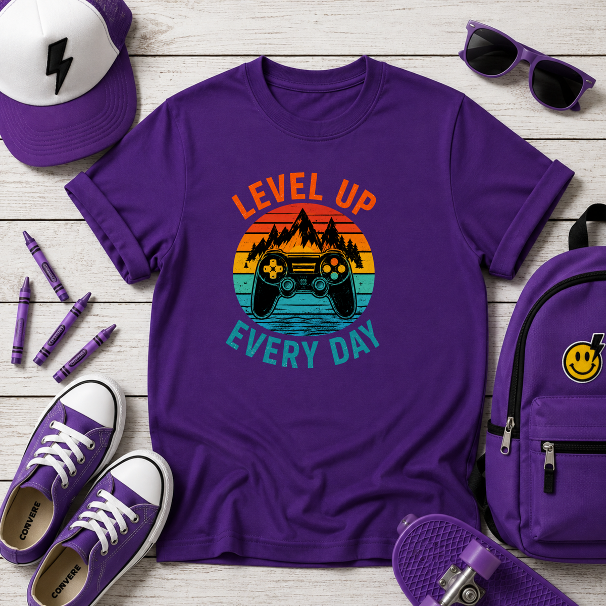 Kids Tee "Level Up Every Day" Retro Gaming Graphic