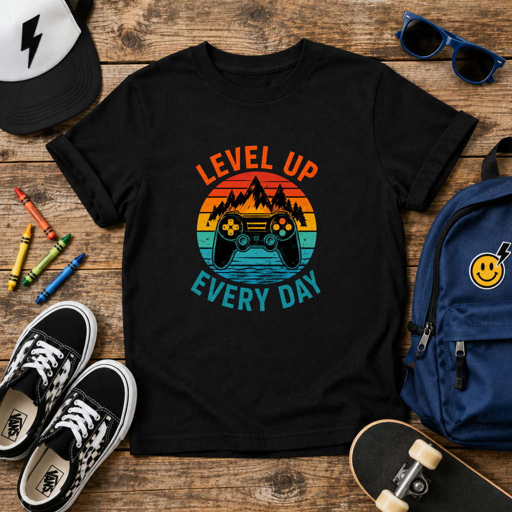 Kids Tee "Level Up Every Day" Retro Gaming Graphic