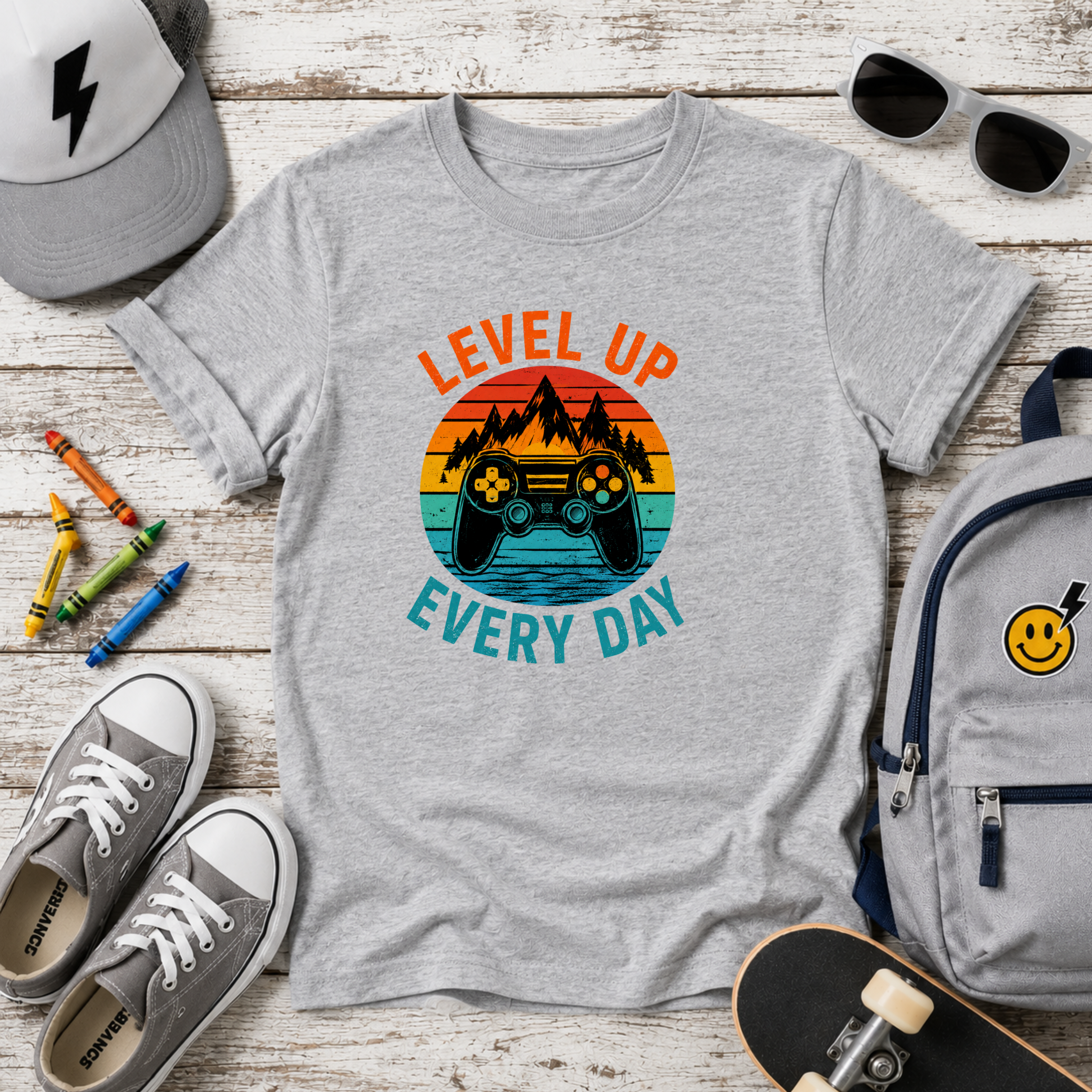 Kids Tee "Level Up Every Day" Retro Gaming Graphic