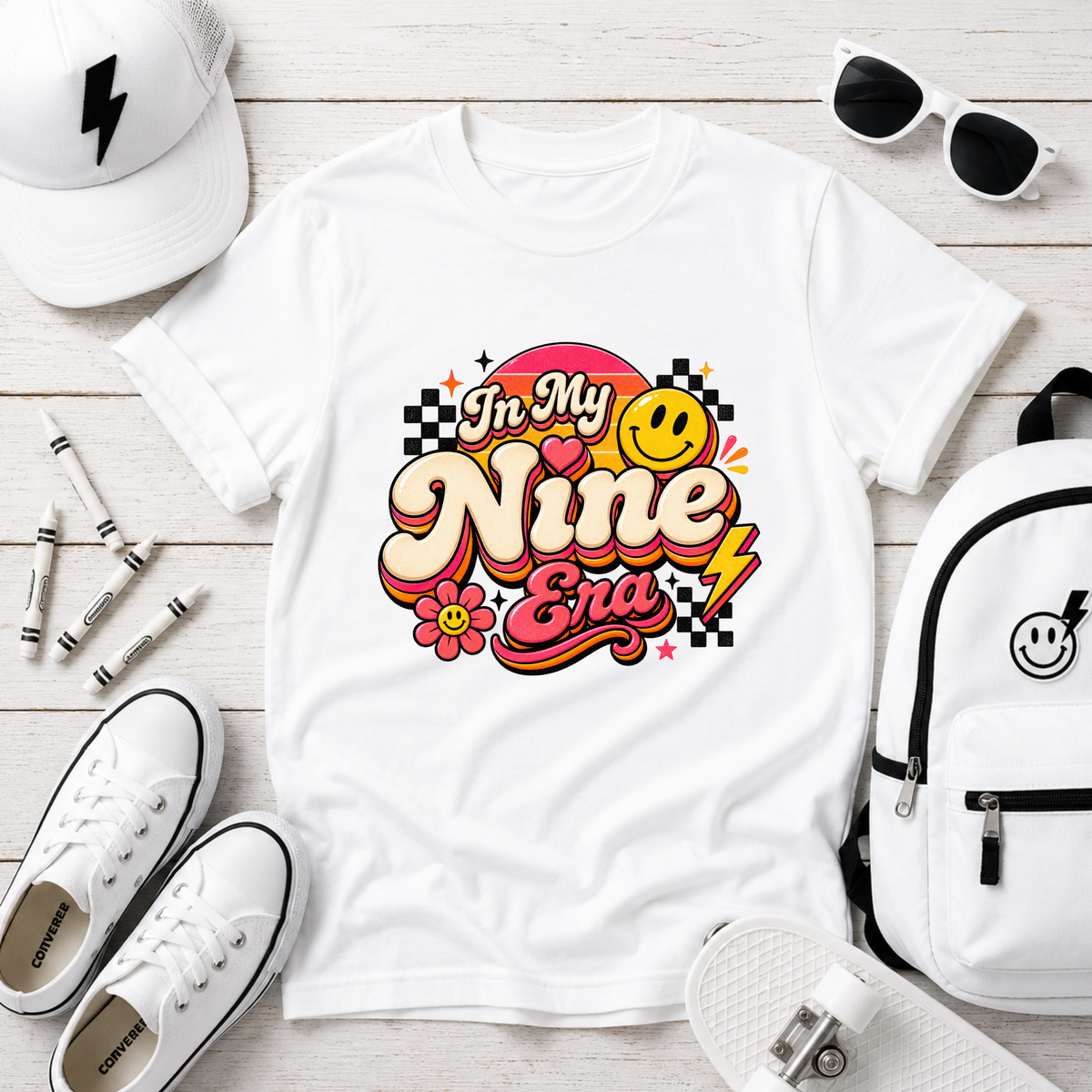 Kids Birthday Tee "In My Nine Era" Retro Smile Graphic