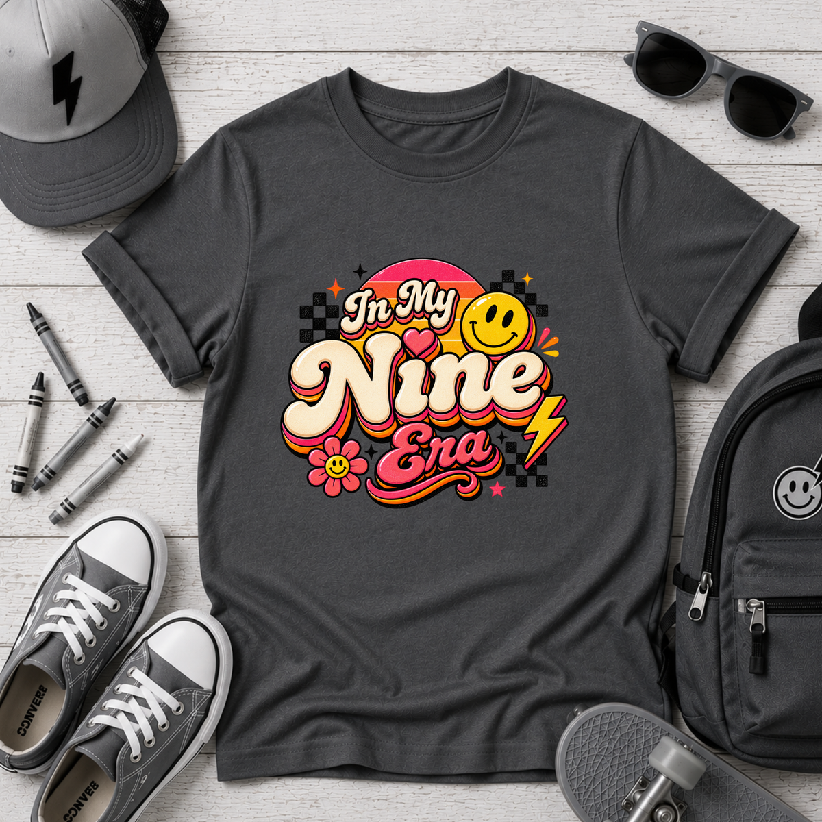 Kids Birthday Tee "In My Nine Era" Retro Smile Graphic