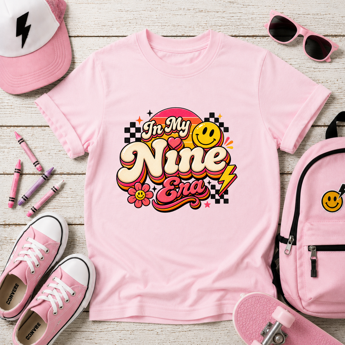 Kids Birthday Tee "In My Nine Era" Retro Smile Graphic