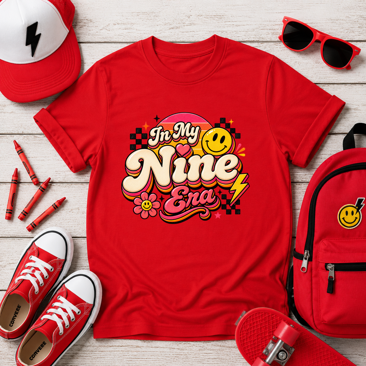 Kids Birthday Tee "In My Nine Era" Retro Smile Graphic