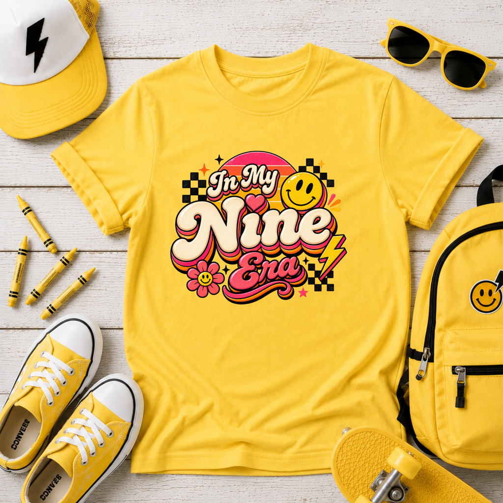 Kids Birthday Tee "In My Nine Era" Retro Smile Graphic