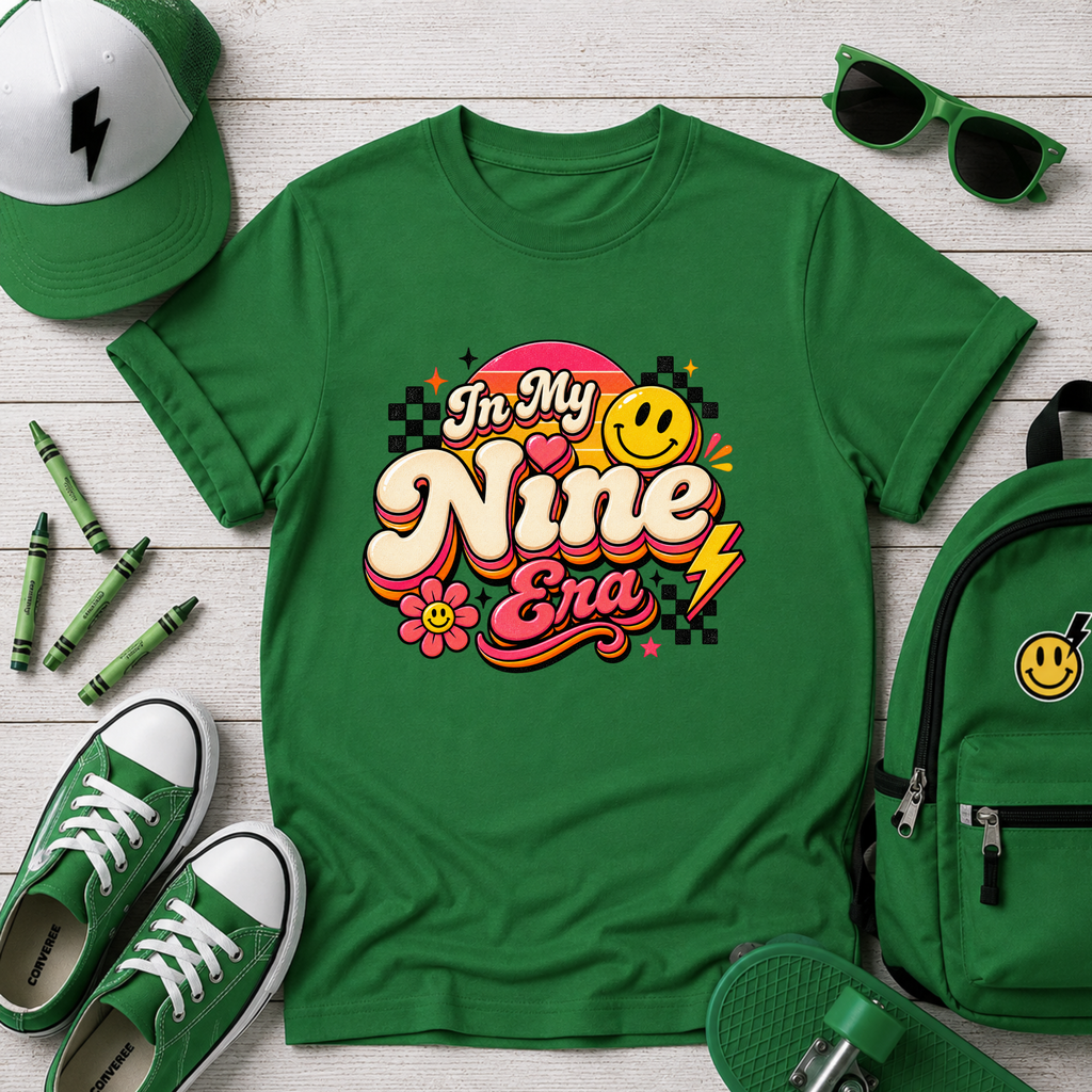 Kids Birthday Tee "In My Nine Era" Retro Smile Graphic