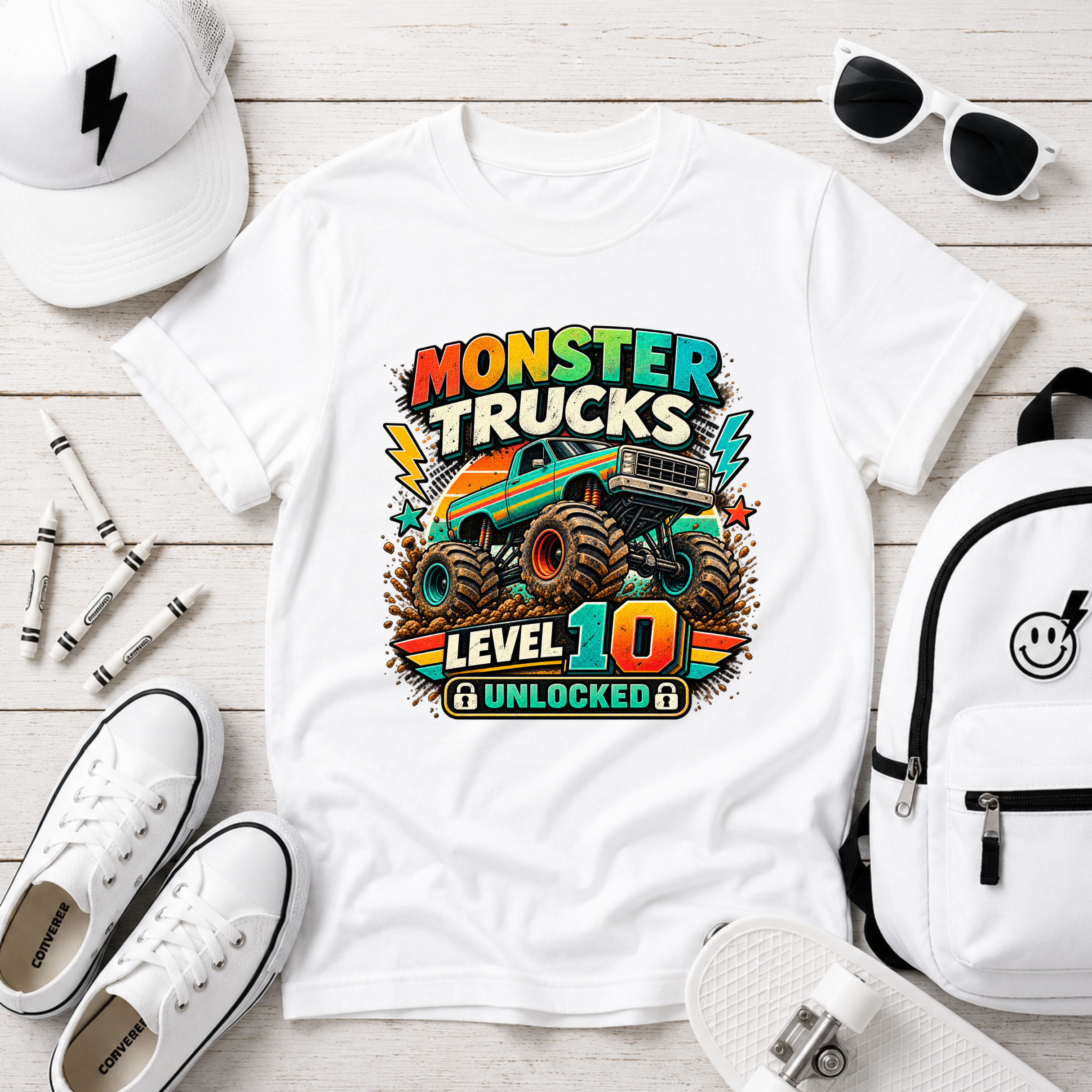 Monster Trucks Level 10 Kids Tee Birthday Adventure Shirt