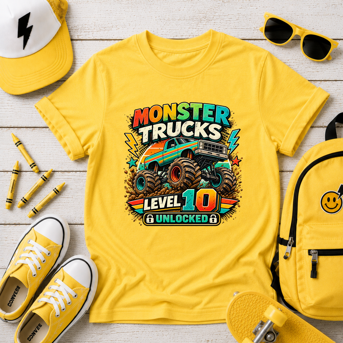 Monster Trucks Level 10 Kids Tee Birthday Adventure Shirt