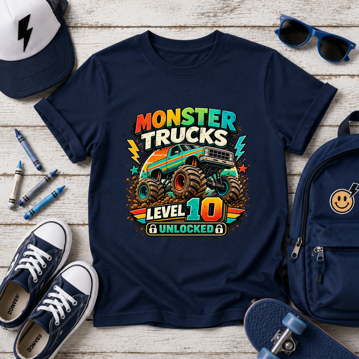 Monster Trucks Level 10 Kids Tee Birthday Adventure Shirt