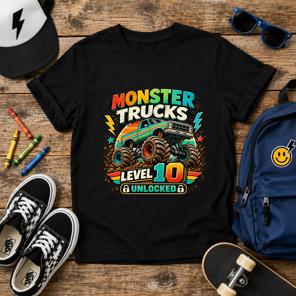 Monster Trucks Level 10 Kids Tee Birthday Adventure Shirt