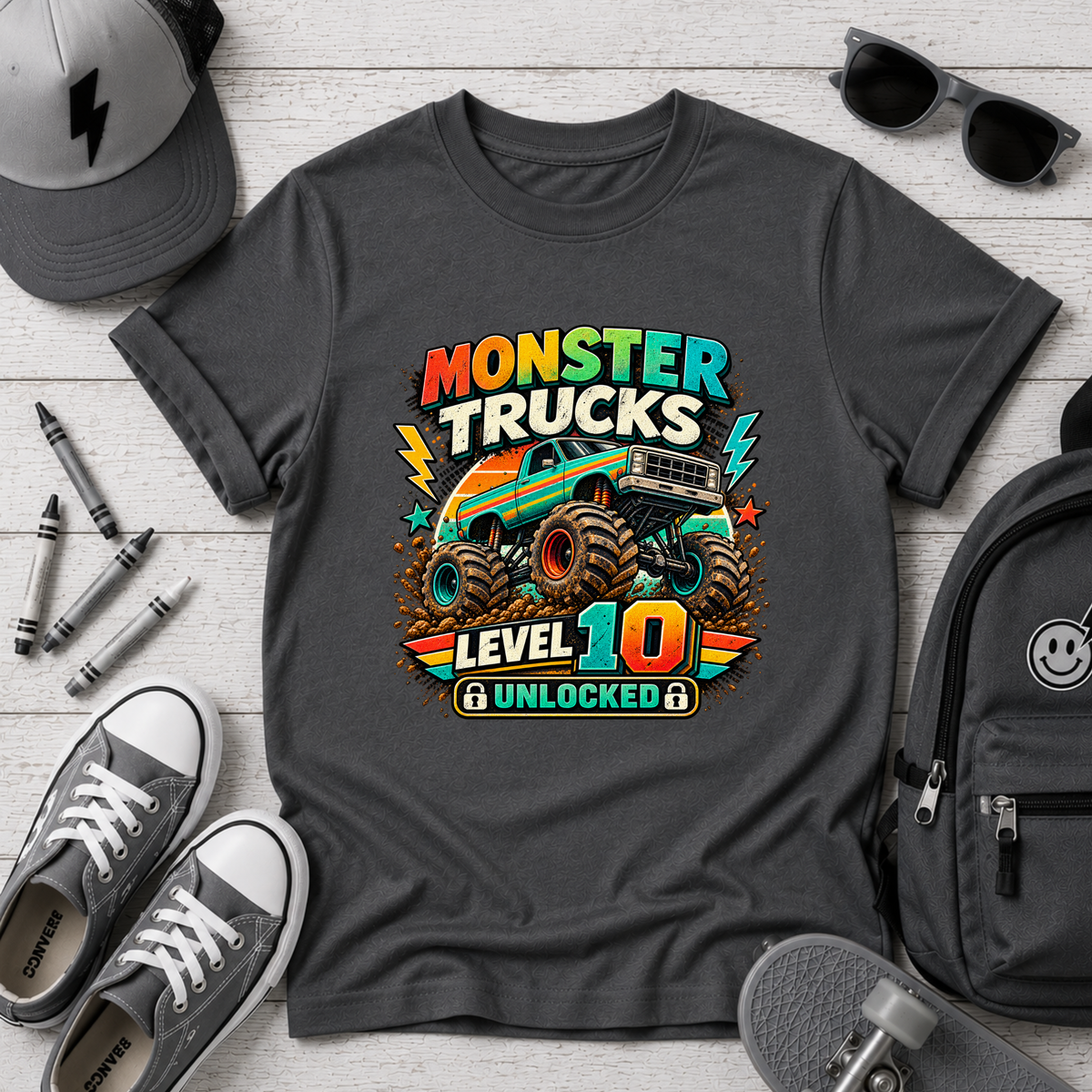Monster Trucks Level 10 Kids Tee Birthday Adventure Shirt