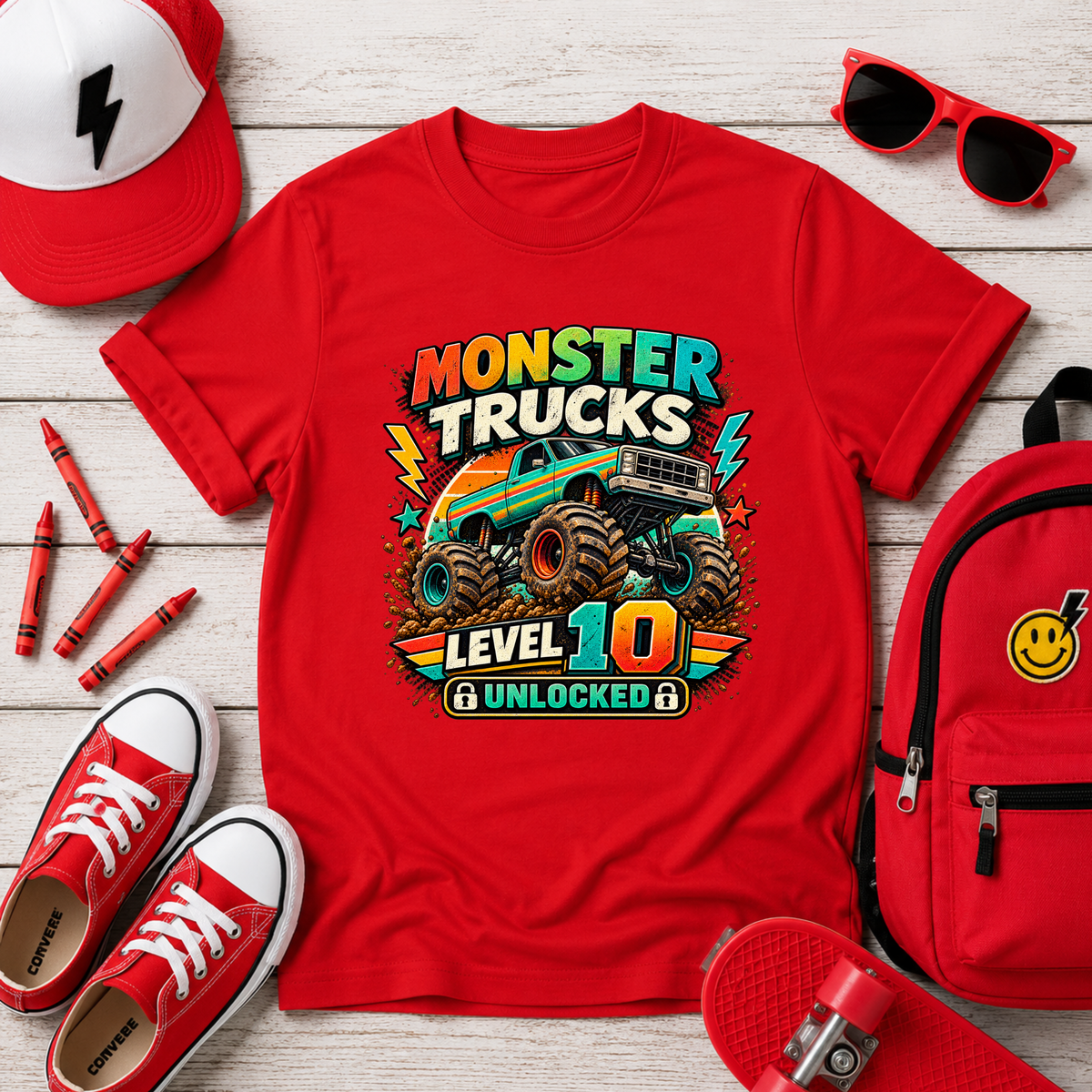 Monster Trucks Level 10 Kids Tee Birthday Adventure Shirt