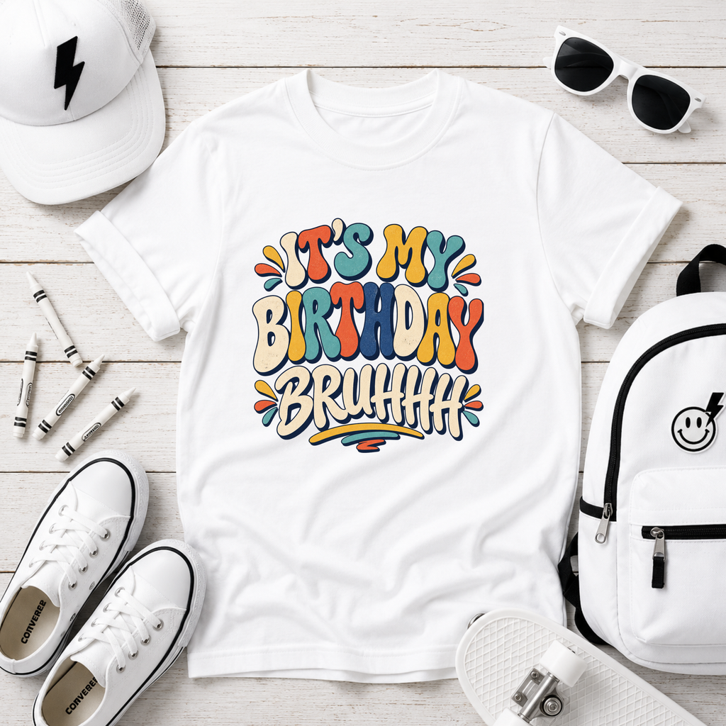 Kids Tee "It's My Birthday Bruhhh" Colorful Birthday Shirt