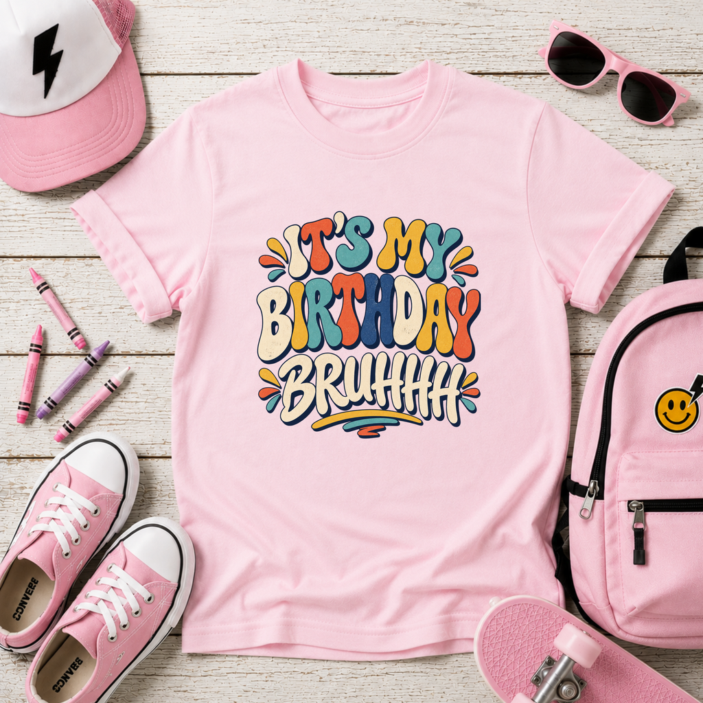 Kids Tee "It's My Birthday Bruhhh" Colorful Birthday Shirt