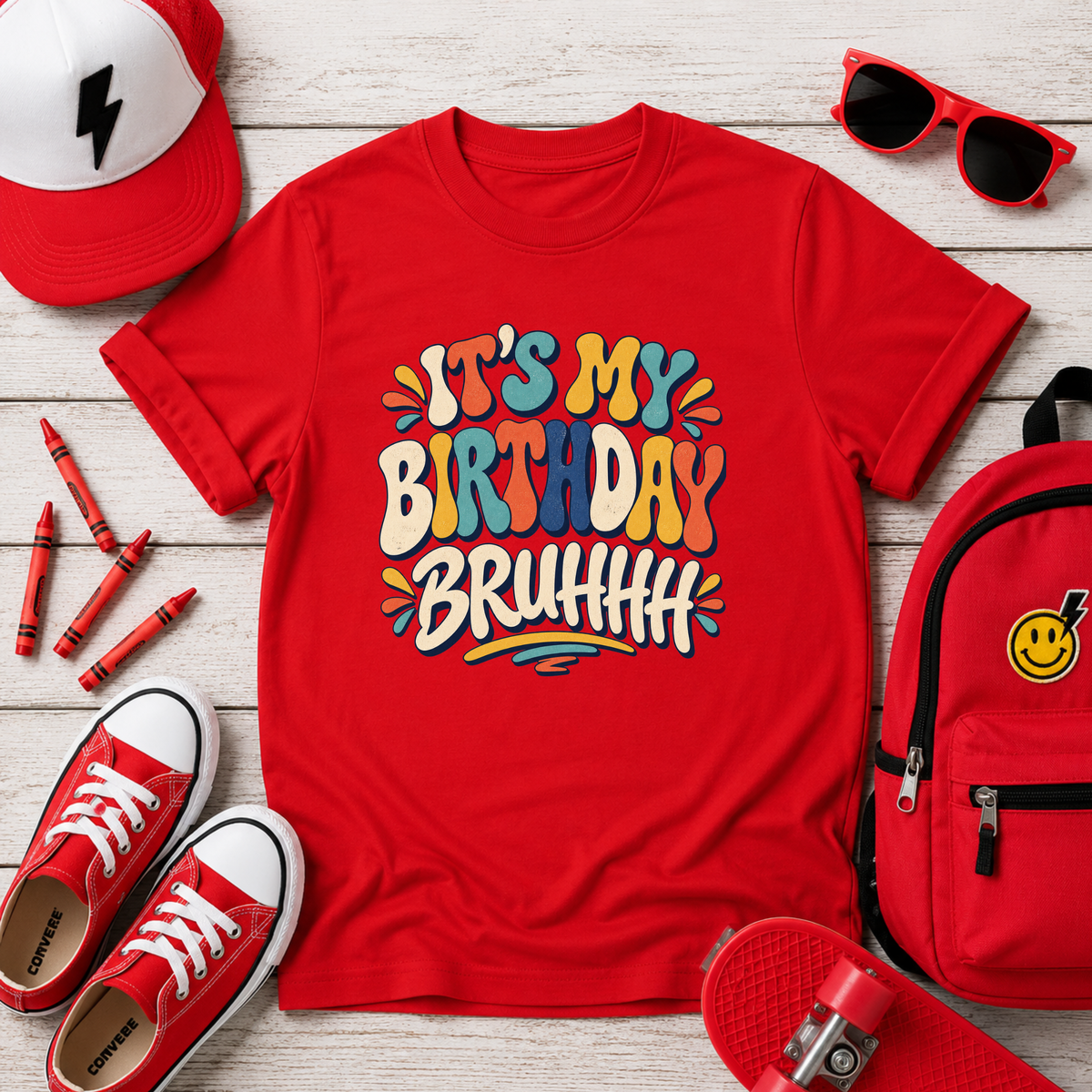 Kids Tee "It's My Birthday Bruhhh" Colorful Birthday Shirt