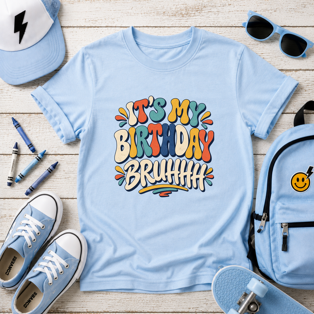 Kids Tee "It's My Birthday Bruhhh" Colorful Birthday Shirt