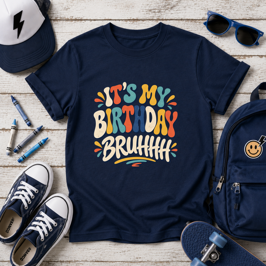 Kids Tee "It's My Birthday Bruhhh" Colorful Birthday Shirt