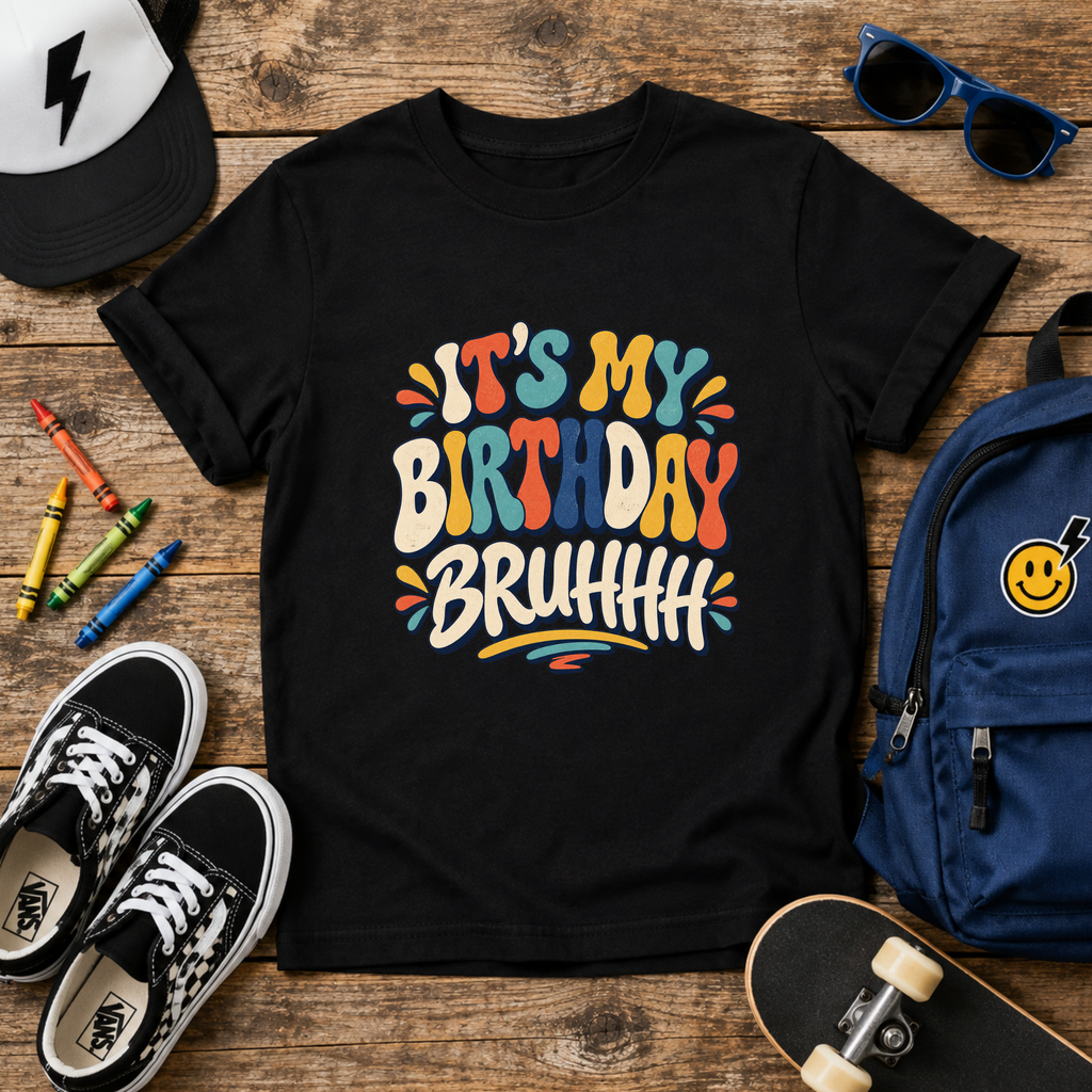 Kids Tee "It's My Birthday Bruhhh" Colorful Birthday Shirt