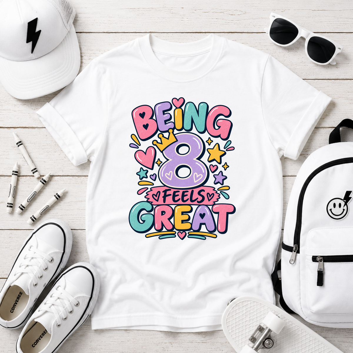 Kids Tee "Being 8 Feels Great" Birthday T‑Shirt