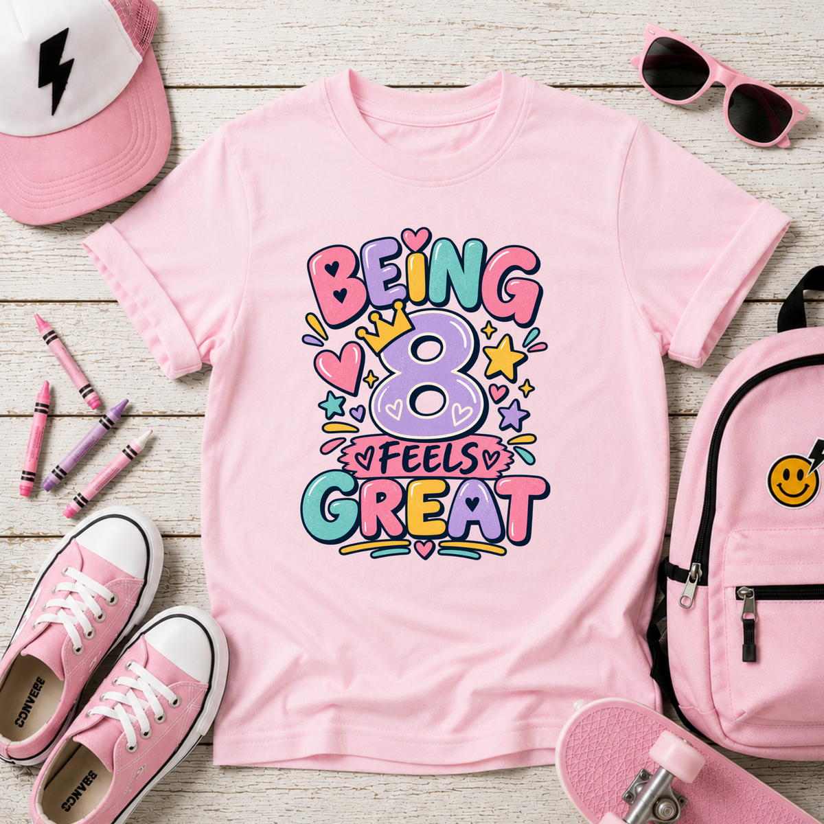 Kids Tee "Being 8 Feels Great" Birthday T‑Shirt