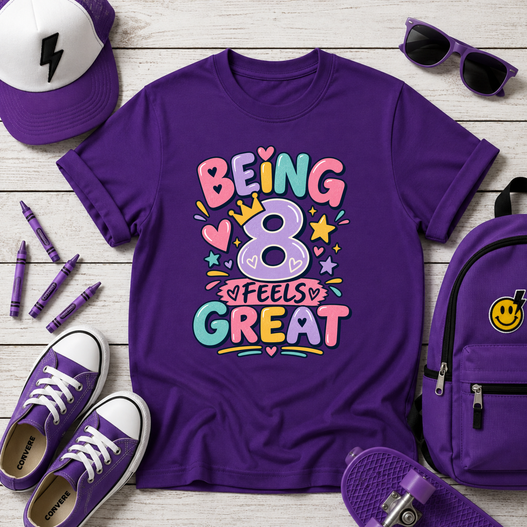 Kids Tee "Being 8 Feels Great" Birthday T‑Shirt