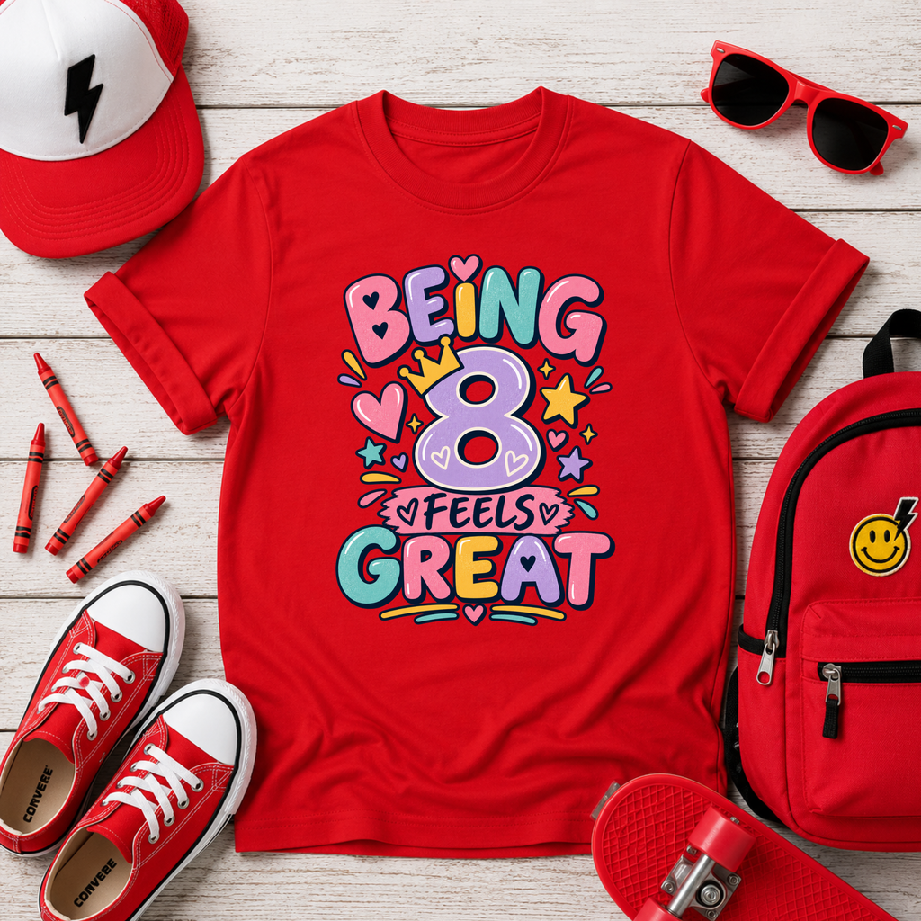 Kids Tee "Being 8 Feels Great" Birthday T‑Shirt