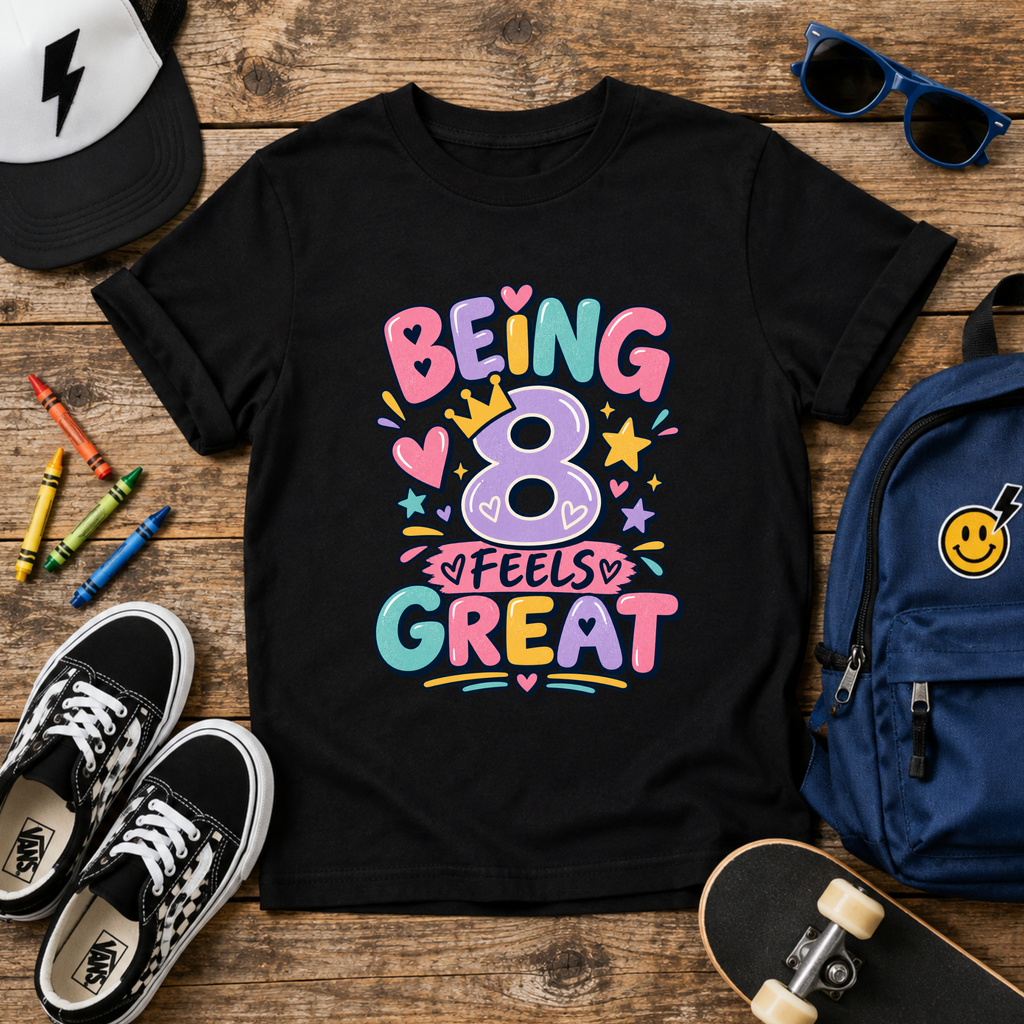 Kids Tee "Being 8 Feels Great" Birthday T‑Shirt