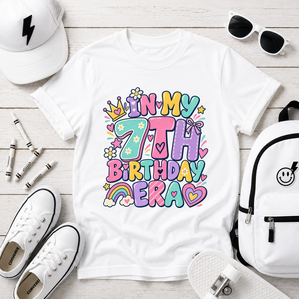 7th Birthday Kids Tee - Cute Pastel "In My 7th Birthday Era"