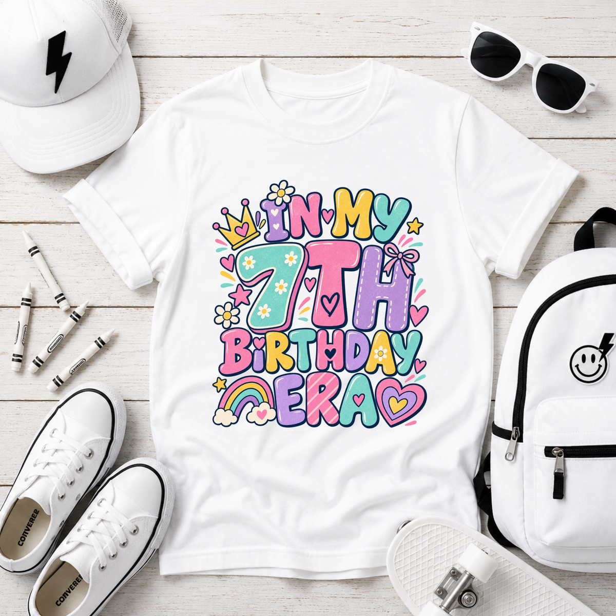 7th Birthday Kids Tee - Cute Pastel "In My 7th Birthday Era"