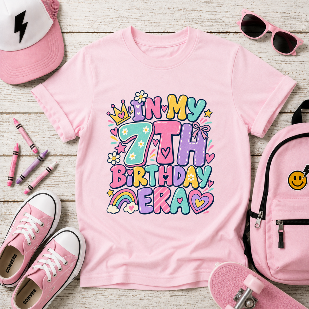 7th Birthday Kids Tee - Cute Pastel "In My 7th Birthday Era"