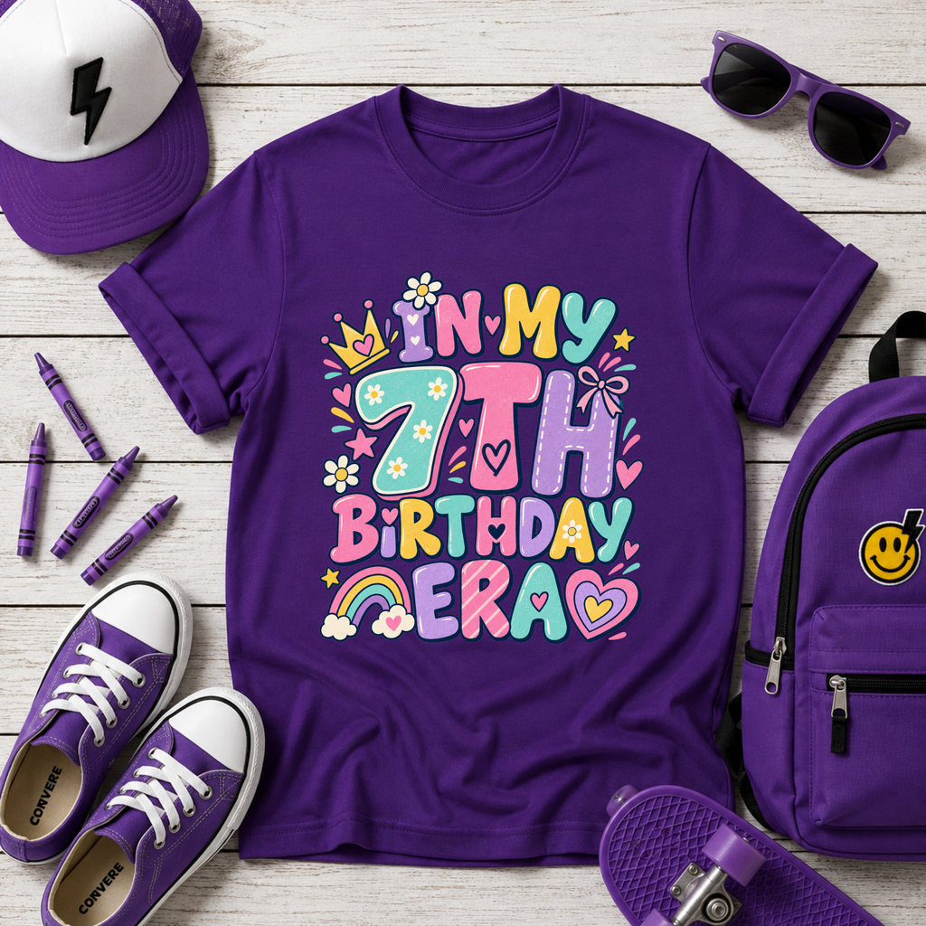 7th Birthday Kids Tee - Cute Pastel "In My 7th Birthday Era"