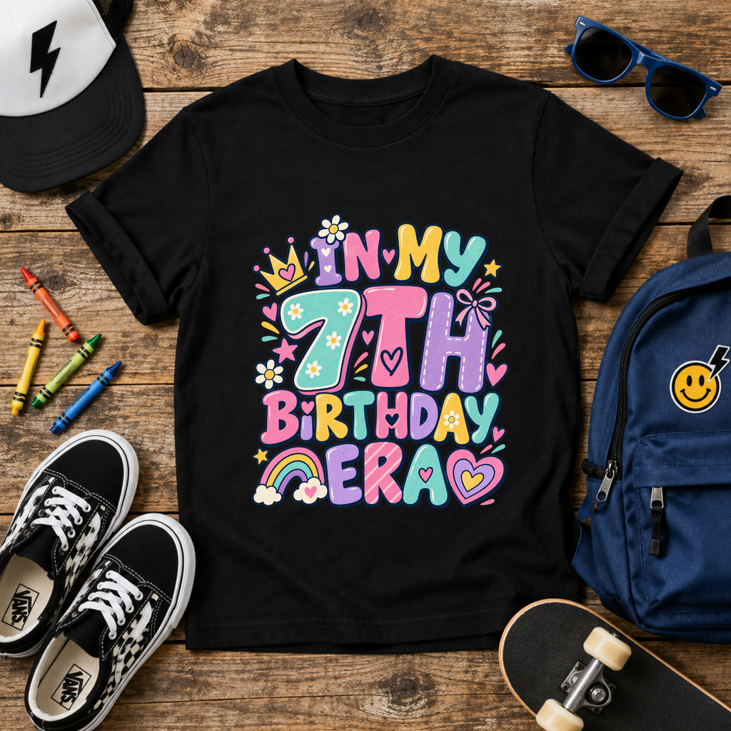 7th Birthday Kids Tee - Cute Pastel "In My 7th Birthday Era"