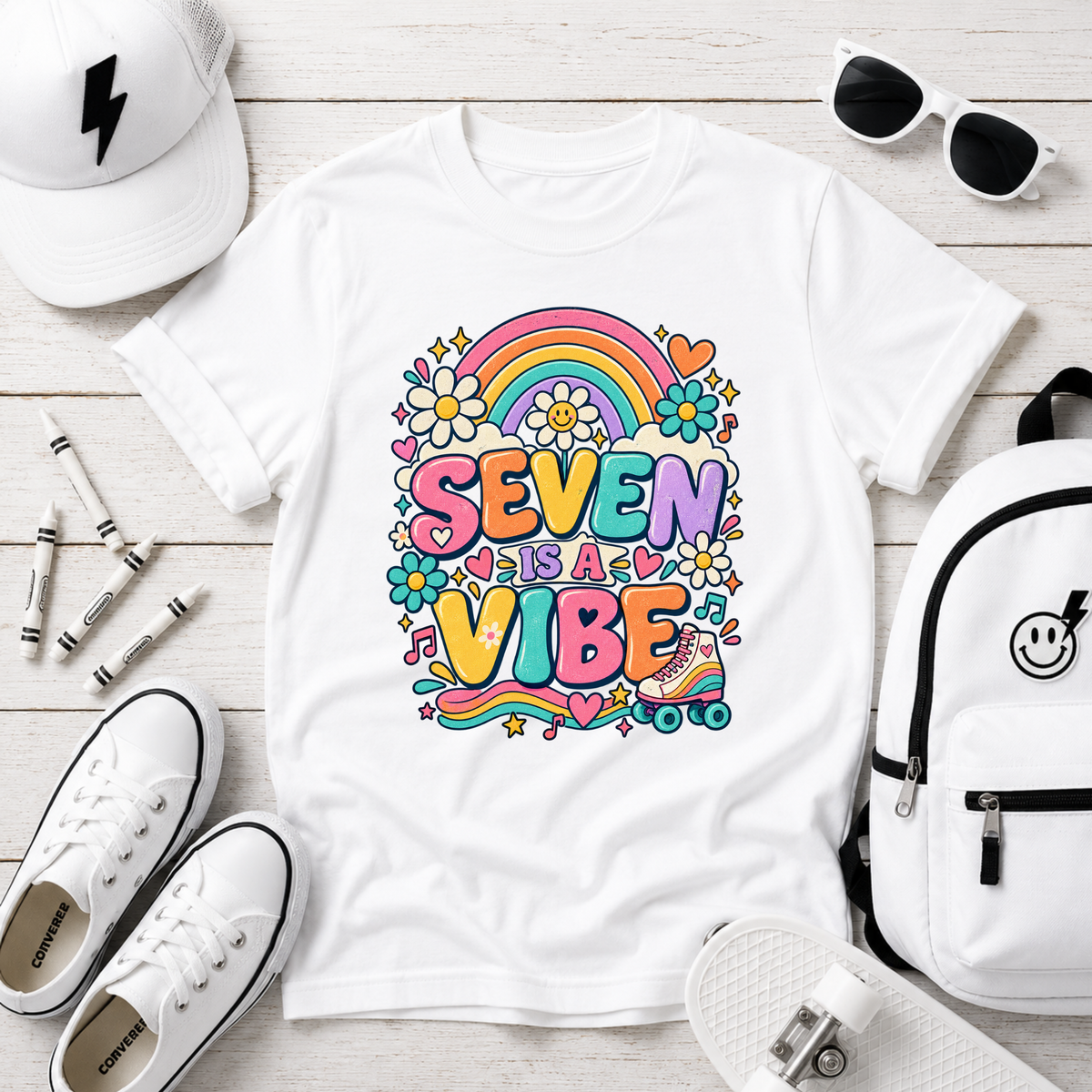 Kids Tee "Seven Vibe" Rainbow Retro Birthday Shirt