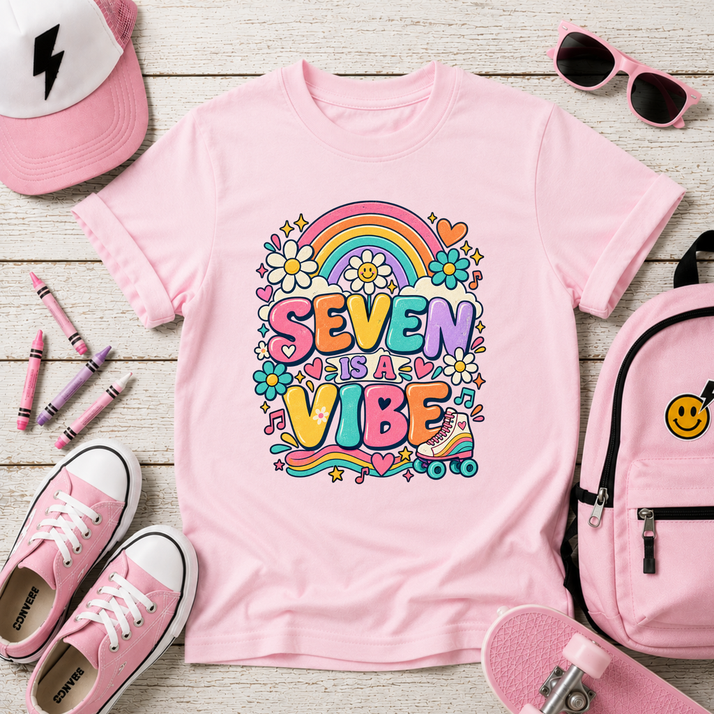 Kids Tee "Seven Vibe" Rainbow Retro Birthday Shirt