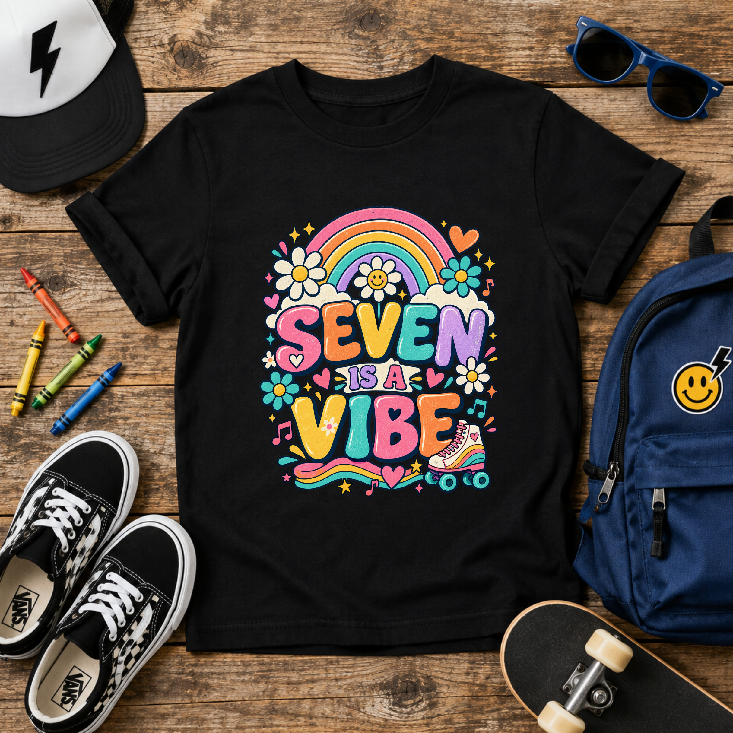 Kids Tee "Seven Vibe" Rainbow Retro Birthday Shirt