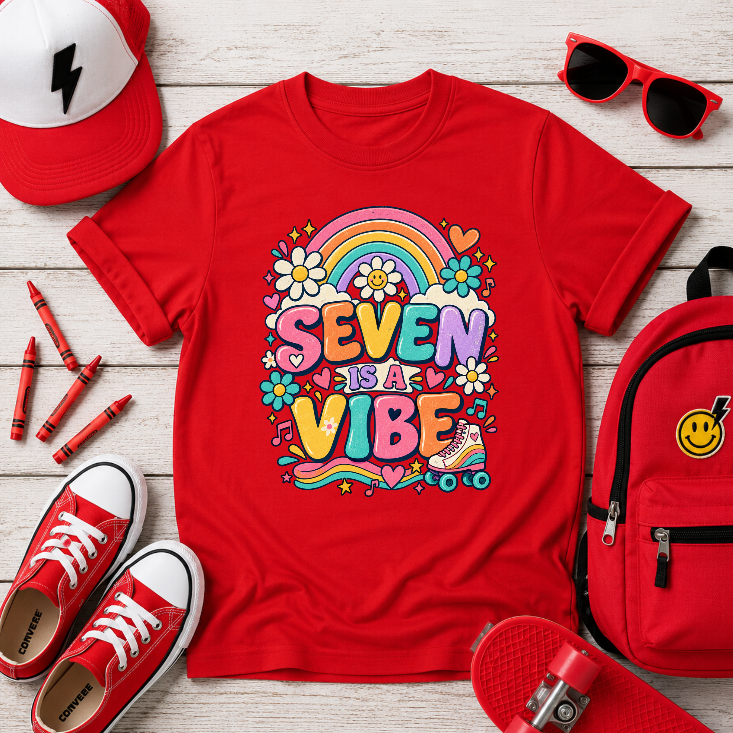 Kids Tee "Seven Vibe" Rainbow Retro Birthday Shirt