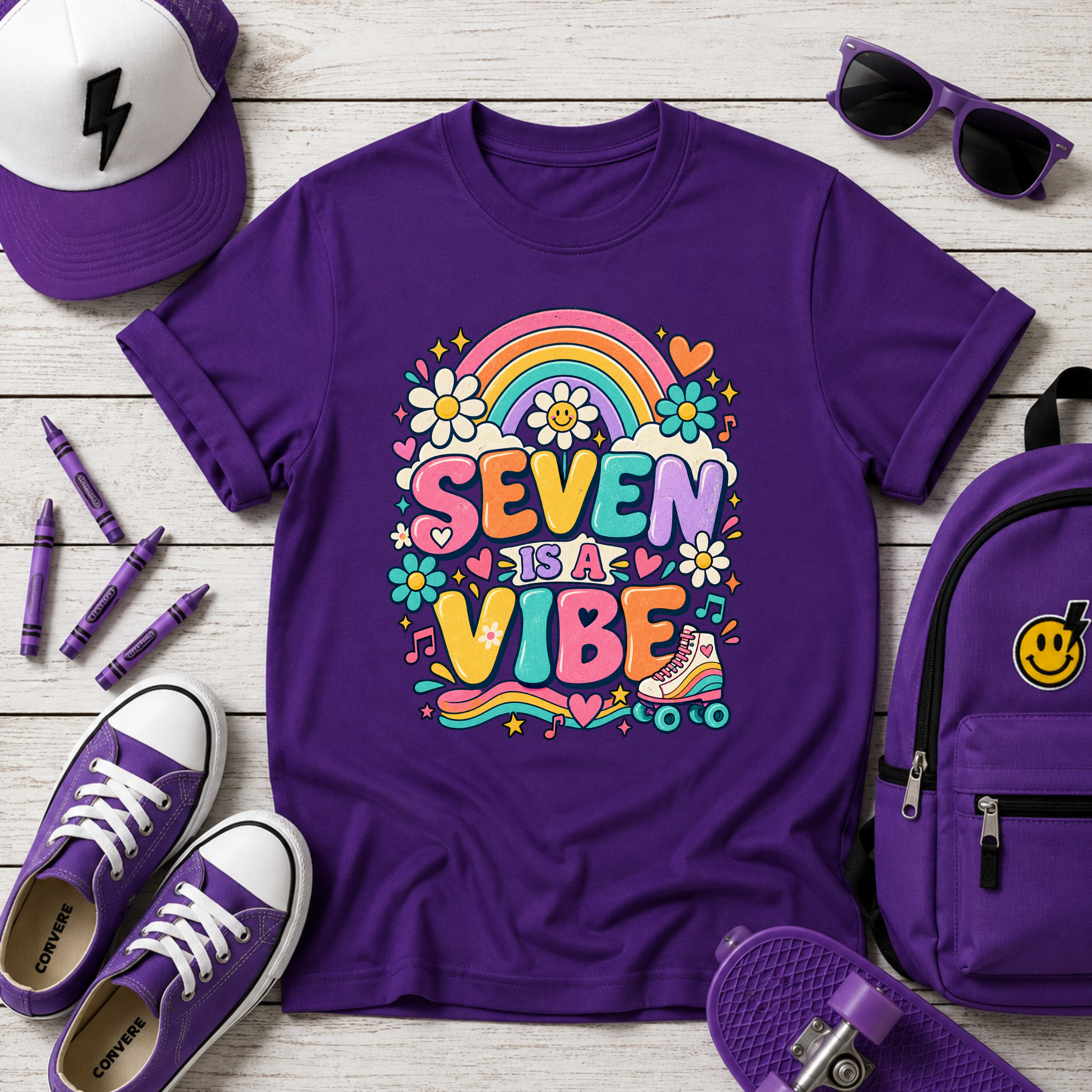 Kids Tee "Seven Vibe" Rainbow Retro Birthday Shirt