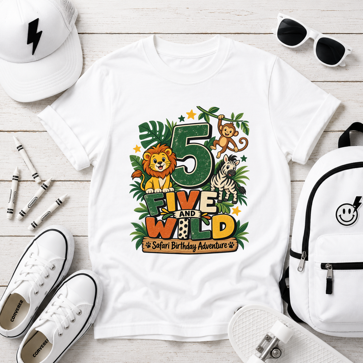 Kids Tee - "5 Five and Wild" Safari Birthday Shirt
