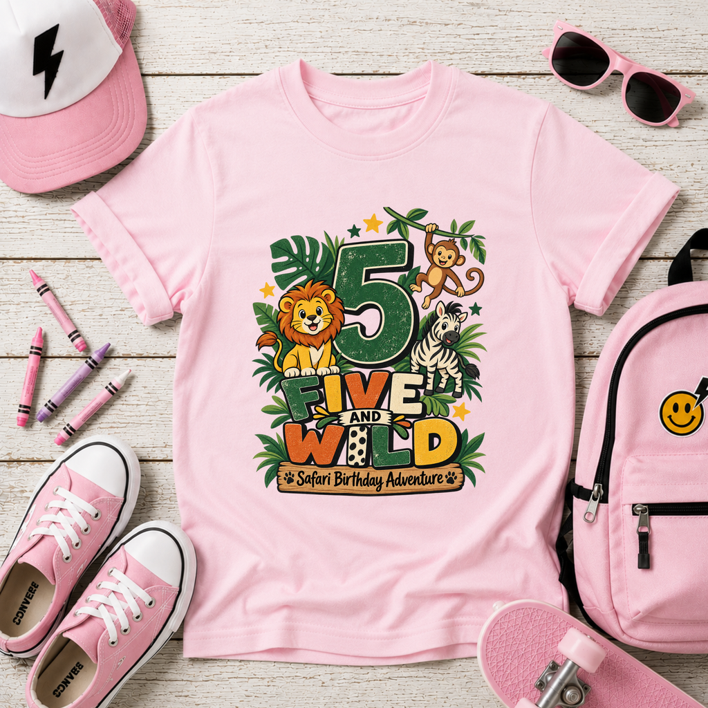 Kids Tee - "5 Five and Wild" Safari Birthday Shirt