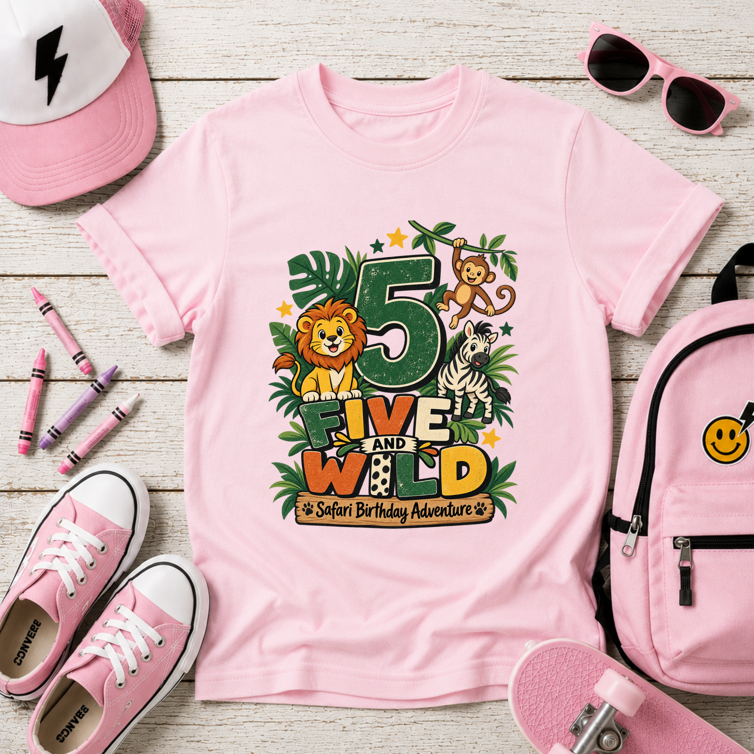 Kids Tee - "5 Five and Wild" Safari Birthday Shirt