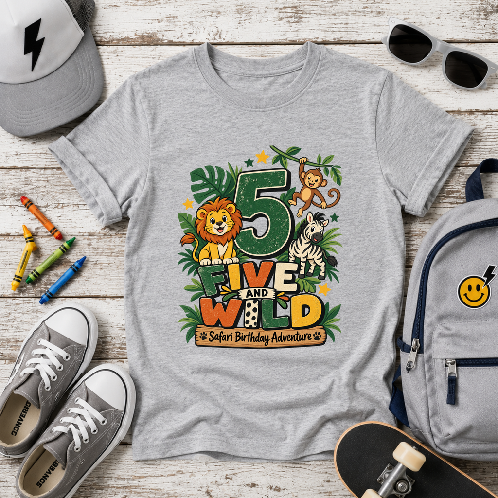 Kids Tee - "5 Five and Wild" Safari Birthday Shirt