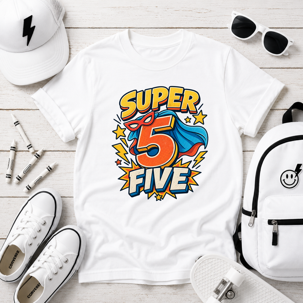 "Super 5 Five" Kids T‑Shirt Superhero 5th Birthday Tee